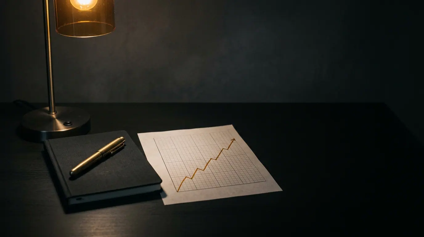 Gece, amber masa lambası altında siyah defter ve yükselen amber çizgili grafik kâğıdı