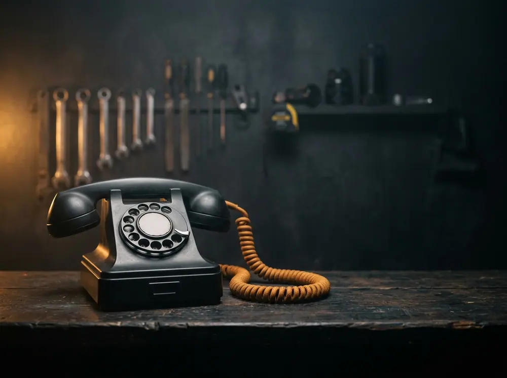 Karanlık tezgâhta siyah çevirmeli telefon ve kıvrık amber kablo